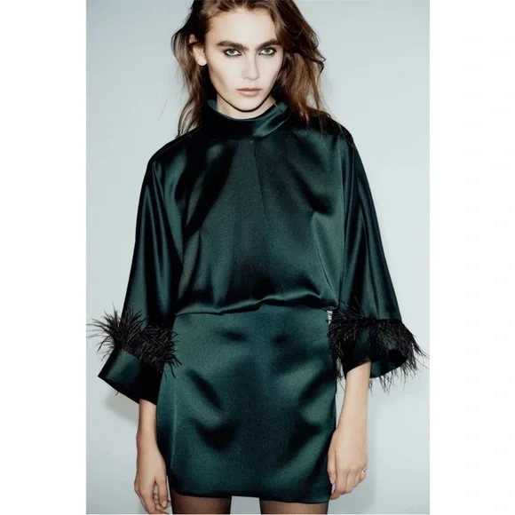 Zara Satin Emerald Green Feather Cuff Mini Dress - Picture 1 of 6